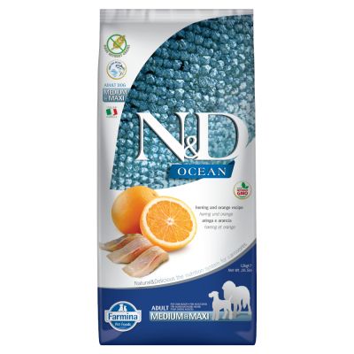 Farmina N&D getreidefrei Ocean Hering & Orange Adult Medium & Maxi  - Sparpaket: 2 x 12 kg