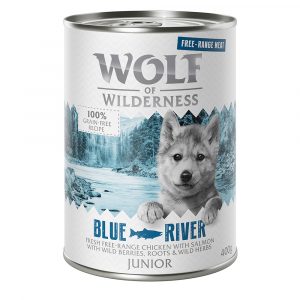 Sparpaket 12 x 400 g Wolf of Wilderness JUNIOR "Freiland-Fleisch"  - Junior Blue River - Freiland-Huhn & Lachs