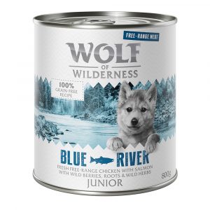 Sparpaket 12 x 800 g Wolf of Wilderness JUNIOR "Freiland-Fleisch" - Junior Blue River - Freiland-Huhn & Lachs