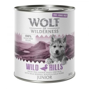 Sparpaket 12 x 800 g Wolf of Wilderness JUNIOR "Freiland-Fleisch" - Junior Wild Hills - Freiland-Ente & Freiland-Kalb
