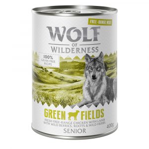 Sparpaket 12 x 400 g Wolf of Wilderness SENIOR "Freiland-Fleisch"  - Senior Green Fields - Freiland-Lamm & Freiland-Huhn