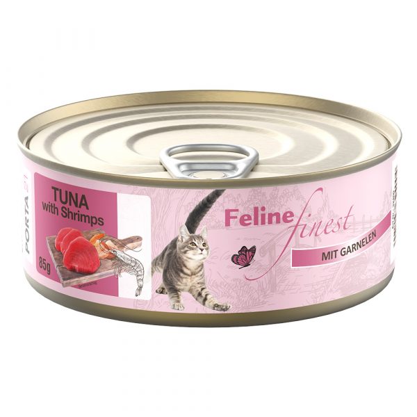 5 + 1 gratis! 6 x 85 g Feline Finest Katzen Nassfutter - Thunfisch mit Garnelen