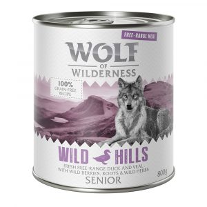 Sparpaket 12 x 800 g Wolf of Wilderness SENIOR "Freiland-Fleisch"  - Senior Wild Hills - Freiland-Ente & Freiland-Kalb