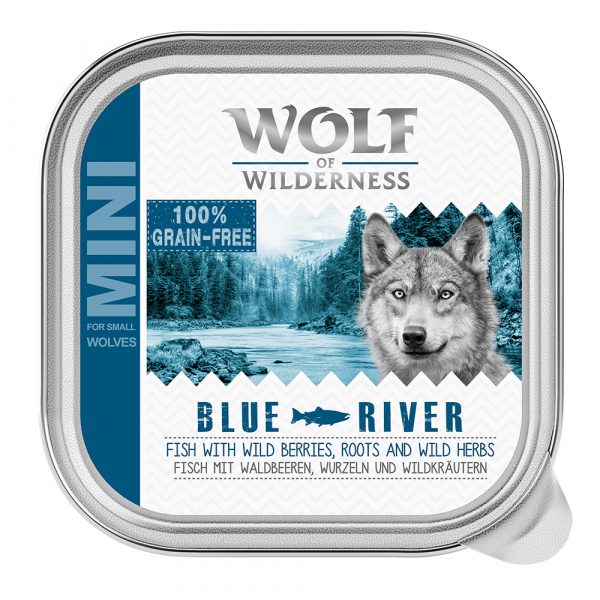 Probierangebot! 6 x 150 g Wolf of Wilderness Adult - Schale - Blue River - Fisch