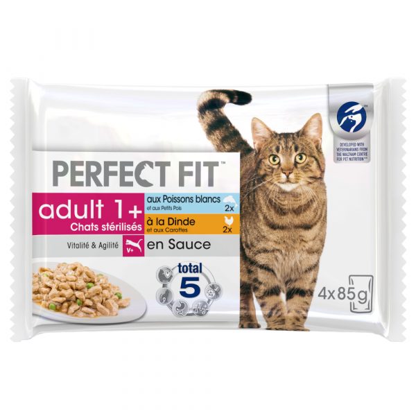 52 x 85 g Perfect Fit in Soße zum Sonderpreis! - Sterilise Adult 1+ (Pute & weißer Fisch)