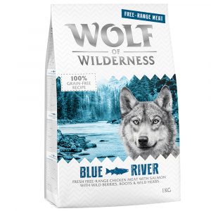 2 x 1 kg Wolf of Wilderness Trockenfutter zum Sonderpreis! Adult Blue River - Freilandhuhn & Lachs