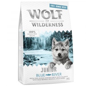 2 x 1 kg Wolf of Wilderness Trockenfutter zum Sonderpreis! Junior Blue River - Freilandhuhn & Lachs