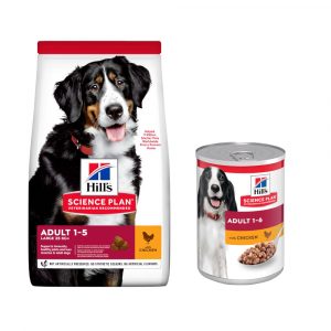 Hill's Science Plan Trockenfutter + 6 x 370 g / 363 g Nassfutter gratis! - 14 kg Adult 1-5 Large mit Huhn + 6 x 370 g Adult Huhn