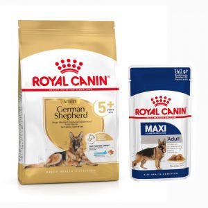 Royal Canin Adult Breed Trockenfutter + passendes Nassfutter gratis! - German Shepherd 5+ (12 kg) + Maxi Adult in Soße (10 x 140 g)