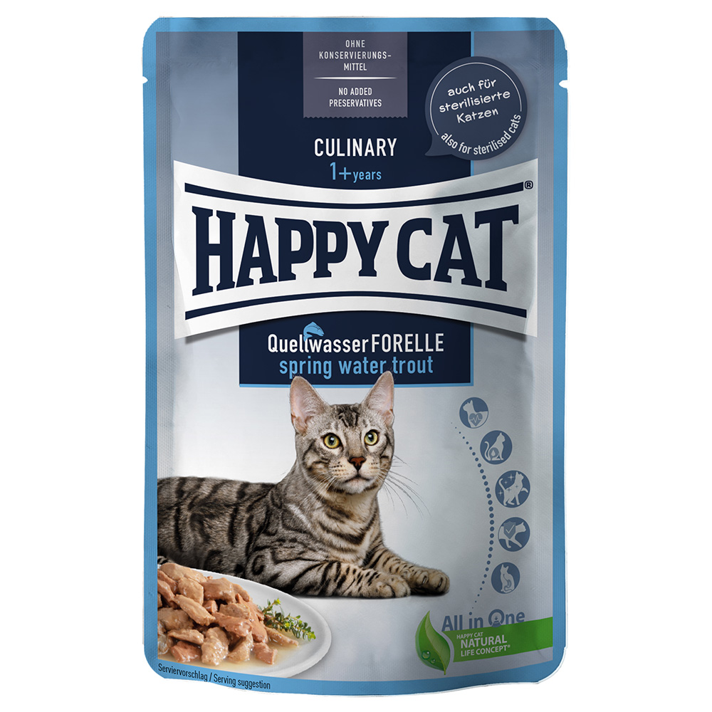 10 + 2 gratis! 12 x 85 g Happy Cat Pouch Meat in Sauce - Quellwasser-Forelle