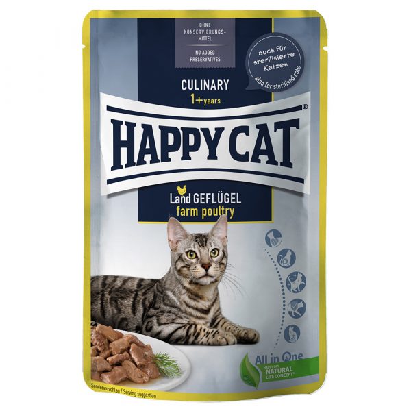 10 + 2 gratis! 12 x 85 g Happy Cat Pouch Meat in Sauce  - Land-Geflügel