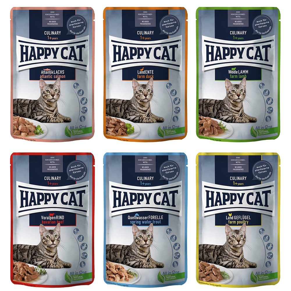 10 + 2 gratis! 12 x 85 g Happy Cat Pouch Meat in Sauce  - Mix I