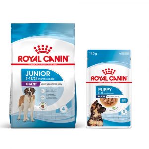 8 kg / 15 kg Royal Canin Size Trockenfutter + passendes Nassfutter gratis! - Giant Junior (15 kg) + Maxi Puppy (10 x 140 g)