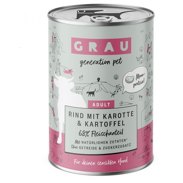 5 + 1 gratis! 6 x 400 g GRAU Nassfutter - Rind mit Karotte & Kartoffel