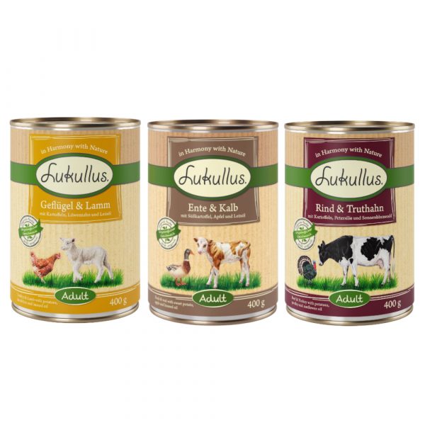 10 + 2 gratis! 12 x 400 g Sparpaket Lukullus Naturkost - Mixpaket 3 Getreidefrei (6 Sorten)