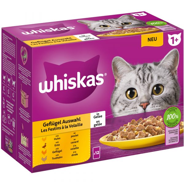 Multipack Whiskas 1+ Adult Frischebeutel 12 x 85 g - Geflügelauswahl in Gelee