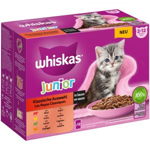 9 + 3 gratis! 12 x 85 g Multipack Whiskas Frischebeutel - Junior: Klassische Auswahl in Sauce