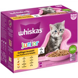 9 + 3 gratis! 12 x 85 g Multipack Whiskas Frischebeutel - Junior: Geflügelauswahl in Gelee