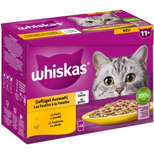 9 + 3 gratis! 12 x 85 g Multipack Whiskas Frischebeutel - Senior: 11+ Geflügelauswahl in Gelee