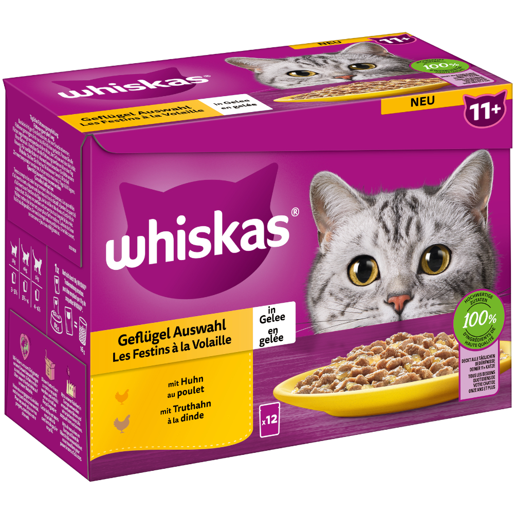 9 + 3 gratis! 12 x 85 g Multipack Whiskas Frischebeutel - Senior: 11+ Geflügelauswahl in Gelee