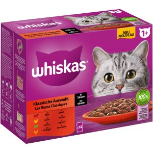 9 + 3 gratis! 12 x 85 g Multipack Whiskas Frischebeutel - 1+ Adult Klassische Auswahl in Sauce