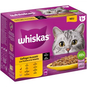 9 + 3 gratis! 12 x 85 g Multipack Whiskas Frischebeutel - 1+ Adult Geflügel Auswahl in Sauce