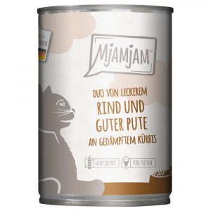 MjAMjAM Duo 6 x 400 g - leckeres Rind & gute Pute an gedämpftem Kürbis