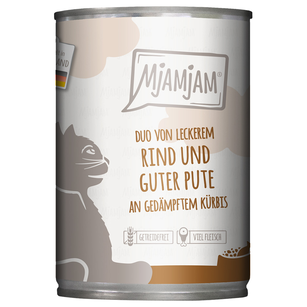 MjAMjAM Duo 6 x 400 g - leckeres Rind & gute Pute an gedämpftem Kürbis