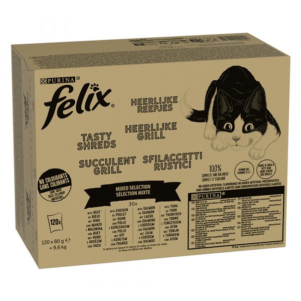 Jumbopack Felix "Tasty Shreds" Pouches 120 x 80 g - Gemischte Auswahl in Sauce