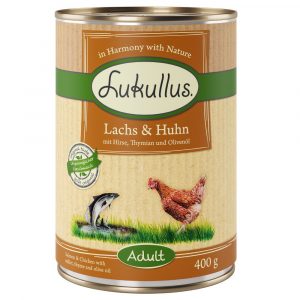 10 + 2 gratis! 12 x 400 g Sparpaket Lukullus Naturkost - Lachs & Huhn