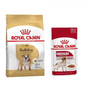 Royal Canin Adult Breed Trockenfutter + passendes Nassfutter gratis! - Bulldog (12 kg) + Medium Adult in Soße (10 x 140 g)