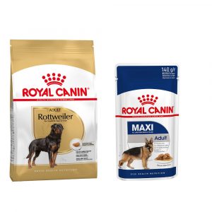 Royal Canin Adult Breed Trockenfutter + passendes Nassfutter gratis! - Rottweiler (12 kg) + Maxi Adult in Soße (10 x 140 g)