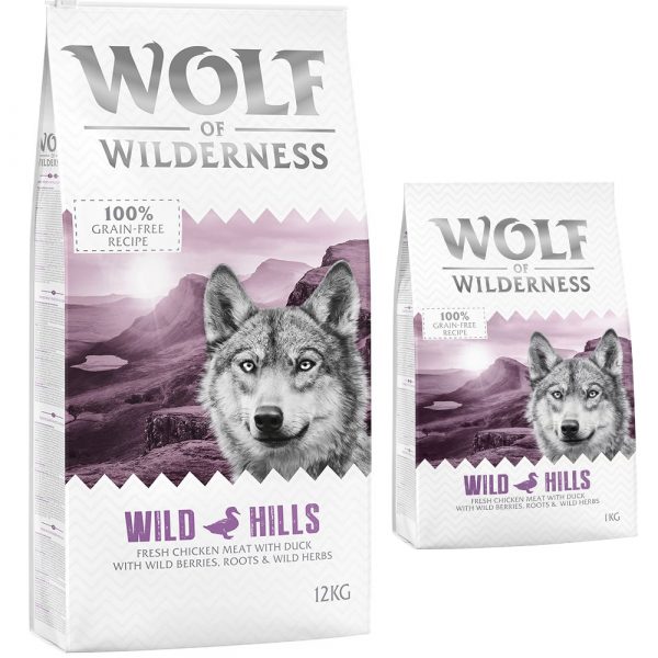 12 + 2 kg gratis! 14 kg Wolf of Wilderness Trockenfutter - Wild Hills - Ente