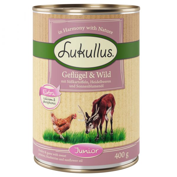 10 + 2 gratis! 12 x 400 g Sparpaket Lukullus Naturkost - Junior Geflügel & Wild (getreidefrei)