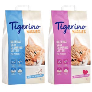 2 x 14 l Tigerino Nuggies Katzenstreu zum Sonderpreis! - Ultra Mixpaket: Babypuderduft + Baumwollblütenduft