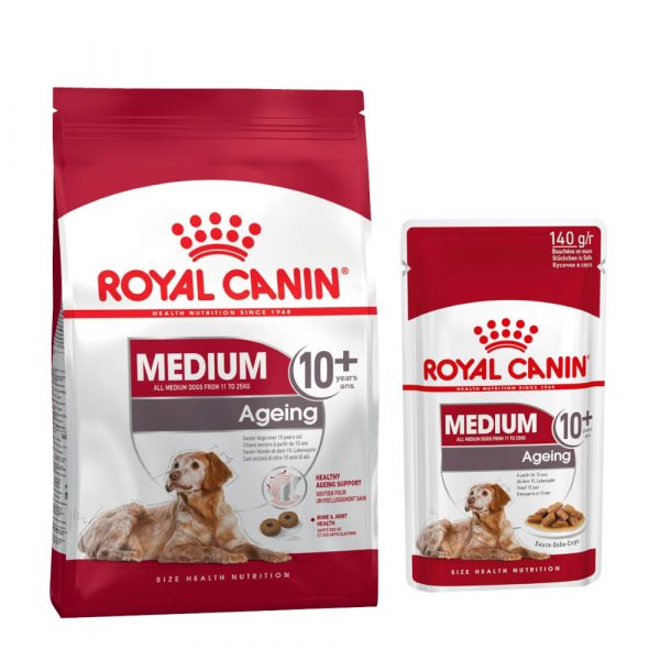 8 kg / 15 kg Royal Canin Trockenfutter + passendes Nassfutter gratis! - Medium Ageing 10+ (15 kg) + Medium Ageing 10+ (10 x 140 g)