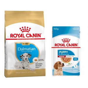 Royal Canin Breed Puppy Trockenfutter + 10 x 140 g passendes Nassfutter gratis! - 12 kg Dalmatian + Medium Puppy