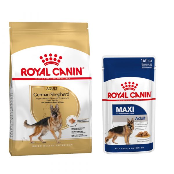 Royal Canin Adult Breed Trockenfutter + passendes Nassfutter gratis! - 11 kg German Shepherd + 10 x 140 g Maxi Adult in Soße