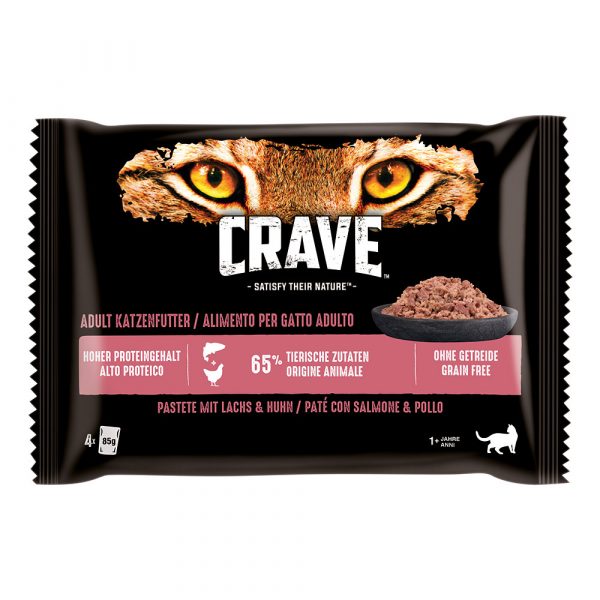 3 + 1 gratis! 4 x 85 g Crave Pouch Multipack Nassfutter - Pastete mit Lachs & Huhn