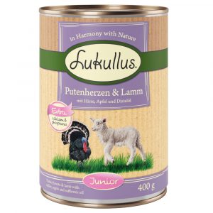 10 + 2 gratis! 12 x 400 g Sparpaket Lukullus Naturkost - Junior Putenherzen & Lamm