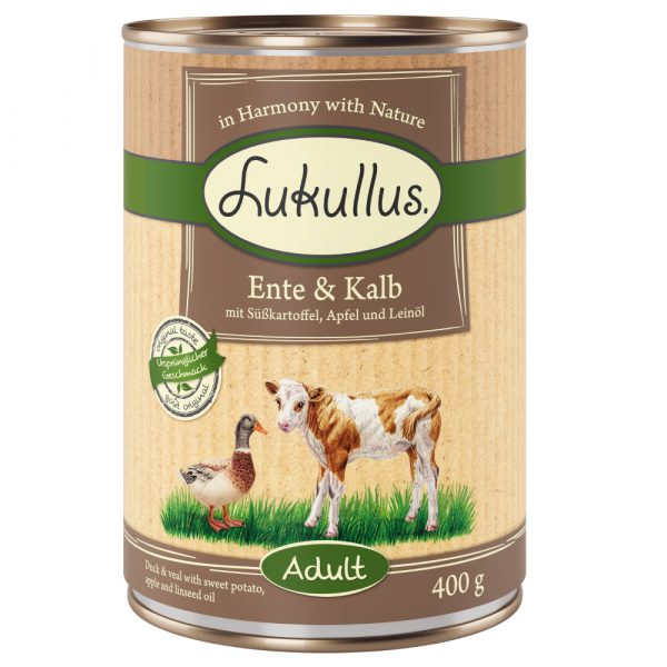 10 + 2 gratis! 12 x 400 g Sparpaket Lukullus Naturkost - Ente & Kalb (getreidefrei)