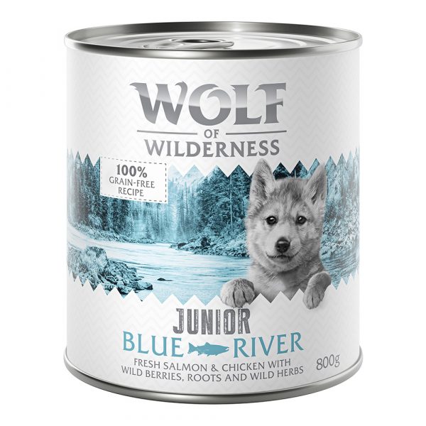 10 € Rabatt sichern! Sparpaket Wolf of Wilderness 24 x 800 g - Junior Blue River - Huhn & Lachs