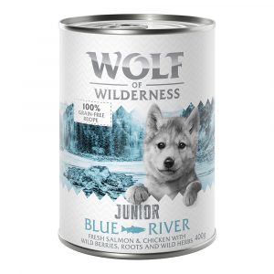 5 + 1 gratis! 6 x 400 g Wolf of Wilderness Nassnahrung - JUNIOR Blue River - Huhn & Lachs