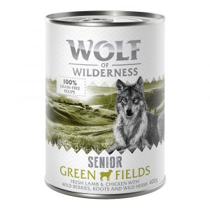5 + 1 gratis! 6 x 400 g Wolf of Wilderness Nassnahrung - SENIOR Green Fields - Lamm & Huhn