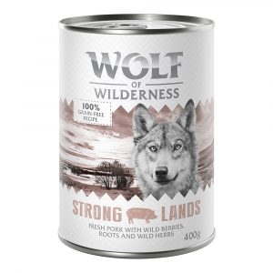 5 + 1 gratis! 6 x 400 g Wolf of Wilderness Nassnahrung - Strong Lands - Schwein