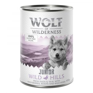 5 + 1 gratis! 6 x 400 g Wolf of Wilderness Nassnahrung - JUNIOR Wild Hills - Ente & Kalb