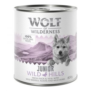 10 € Rabatt sichern! Sparpaket Wolf of Wilderness 24 x 800 g - Junior Wild Hills - Ente & Kalb
