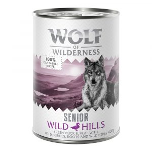 5 + 1 gratis! 6 x 400 g Wolf of Wilderness Nassnahrung - SENIOR Wild Hills - Ente & Kalb
