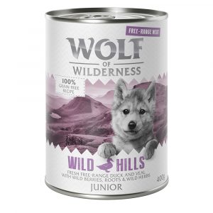 Sparpaket 12 x 400 g Wolf of Wilderness JUNIOR "Freiland-Fleisch"  - Junior Wild Hills - Freiland-Ente & Freiland-Kalb