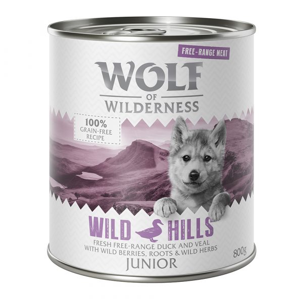10 € Rabatt sichern! Sparpaket Wolf of Wilderness 24 x 800 g Junior Wild Hills - Freiland-Ente & Freiland-Kalb